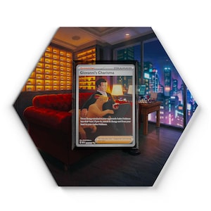 May include: A Pokémon trading card featuring Giovanni's Charisma, a Trainer card. The card depicts a man with a cat in a luxurious room with a city view. The card is in a protective sleeve.