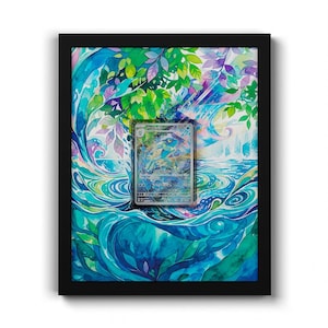 May include: A black rectangular frame containing a trading card centered over a vibrant watercolor illustration. The artwork features swirling blue and teal water patterns, green and purple foliage, and a central Japanese character card.