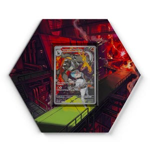 Könnte beinhalten: Ein sechseckiges Display mit einer Team Rocket's Houndoom Sammelkarte in einer transparenten Schutzhülle. Das Hintergrundbild zeigt eine dunkle Industrieanlage mit roter Beleuchtung, Flammen und metallischen Laufstegen um die Karte.
