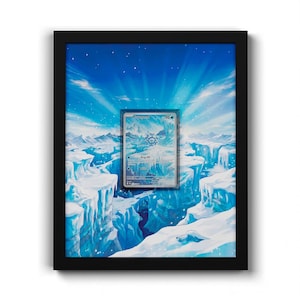 May include: A black rectangular frame containing a trading card centered over a vibrant blue and white illustration of a snowy mountain landscape with icy cliffs and a bright sky, creating a three-dimensional effect with the card artwork.
