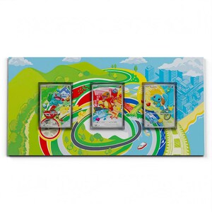 May include: A rectangular display board featuring three clear protective cases holding trading cards. The background is a colorful illustration of a landscape with green hills, a winding road, and a blue cityscape. The cards depict Bulbasaur, Charmander, and Squirtle.