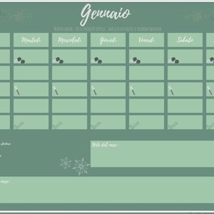 Può includere: Un calendario di gennaio verde e bianco con la parola "Gennaio" in alto. Il calendario ha un layout a griglia con i giorni della settimana in alto e caselle con segni di spunta, icone e testo. La parte inferiore ha spazio per note e obiettivi.