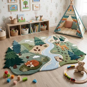 May include: A large, irregularly shaped area rug featuring a forest landscape with a winding blue river, green pine trees, a sleeping orange fox, a standing brown deer, and a perched owl, all rendered in soft, textured fabric with earthy tones.