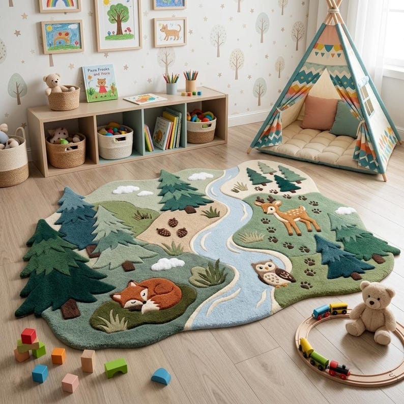 May include: A large, irregularly shaped area rug featuring a forest landscape with a winding blue river, green pine trees, a sleeping orange fox, a standing brown deer, and a perched owl, all rendered in soft, textured fabric with earthy tones.