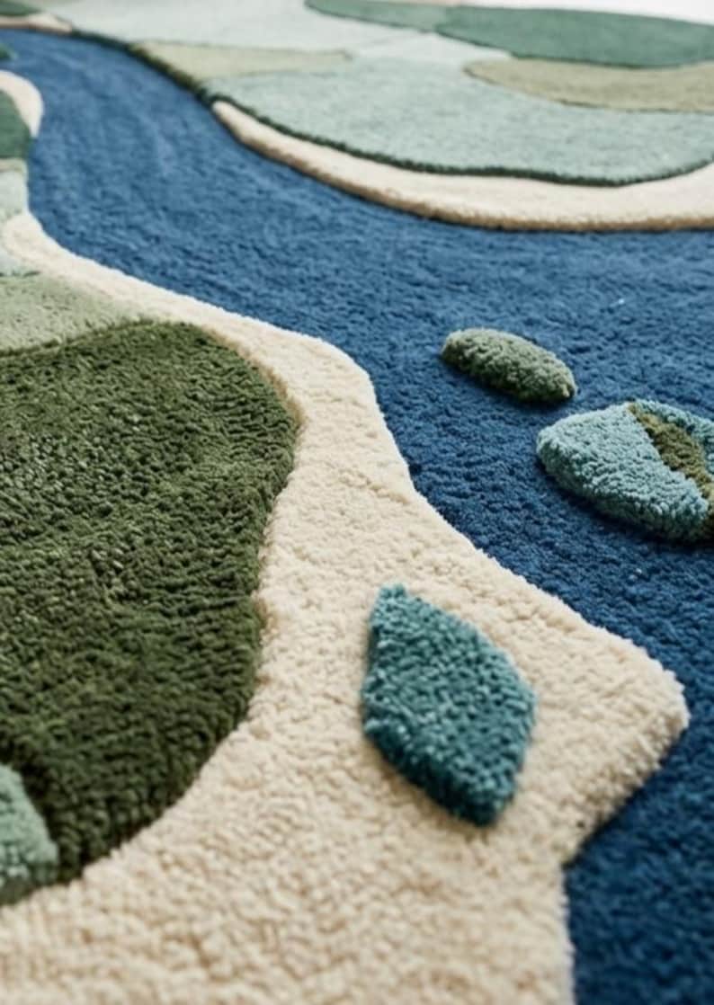 May include: A tufted area rug featuring a textured, abstract landscape design. The rug displays organic shapes in shades of deep forest green, sage green, and cream, set against a prominent, winding river pattern in a rich, deep blue color.