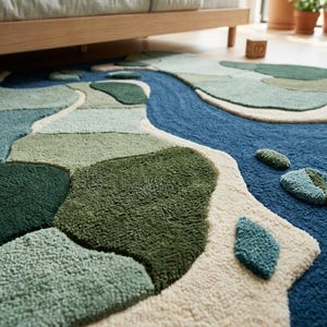 May include: A tufted area rug featuring an abstract landscape design with a winding deep blue river flowing through patches of various green shades, including forest green, sage, and mint, separated by cream-colored borders and textured surfaces.