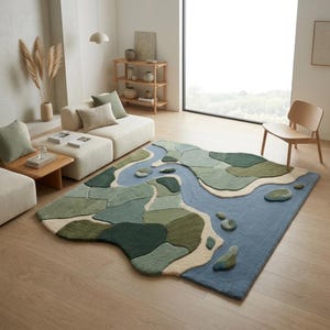 May include: A large, irregularly shaped area rug featuring a topographical landscape design. The rug displays a winding blue river flowing through patches of varying shades of green, dark forest green, and cream, creating a textured, map-like pattern.