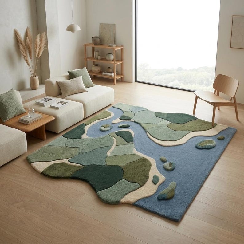 May include: A large, irregularly shaped area rug featuring a topographical landscape design. The rug displays a winding blue river flowing through patches of varying shades of green, dark forest green, and cream, creating a textured, map-like pattern.