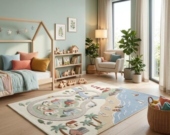 Interactive Kid Rug Sky Blue Terracotta Hand Tufted Wool Coastal Village Play Mat Wool Rug Kids Room Customizable Rug