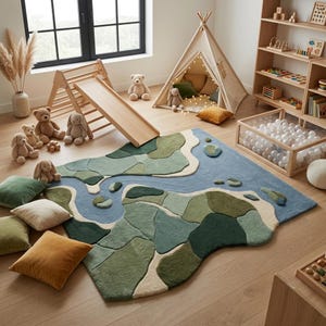 May include: A large, irregularly shaped area rug featuring a landscape design with shades of green, blue, and cream. The rug depicts a winding river flowing through land patches, with a textured, tufted surface and soft, organic edges.
