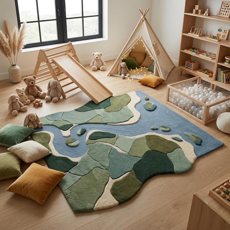May include: A large, irregularly shaped area rug featuring a landscape design with shades of green, blue, and cream. The rug depicts a winding river flowing through land patches, with a textured, tufted surface and soft, organic edges.