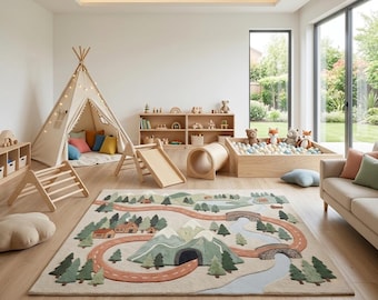 Kids Road Map Rug, Hand Tufted Wool Playroom Rug, Mountain Adventure Kids Rug, Nursery Play Mat, Kinderteppich, Custom Size