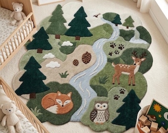 3D Woodland Animal Nursery Rug, Tufted Forest Area Rug for Kids Room, Large Nature Play Mat with Fox Deer Owl, 3D Textured Childrens Carpet