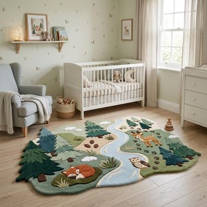 May include: A large, irregularly shaped area rug featuring a forest landscape with a winding blue river, green pine trees, a sleeping orange fox, a brown deer, and an owl. The rug has a textured, tufted surface with various shades of green and brown.
