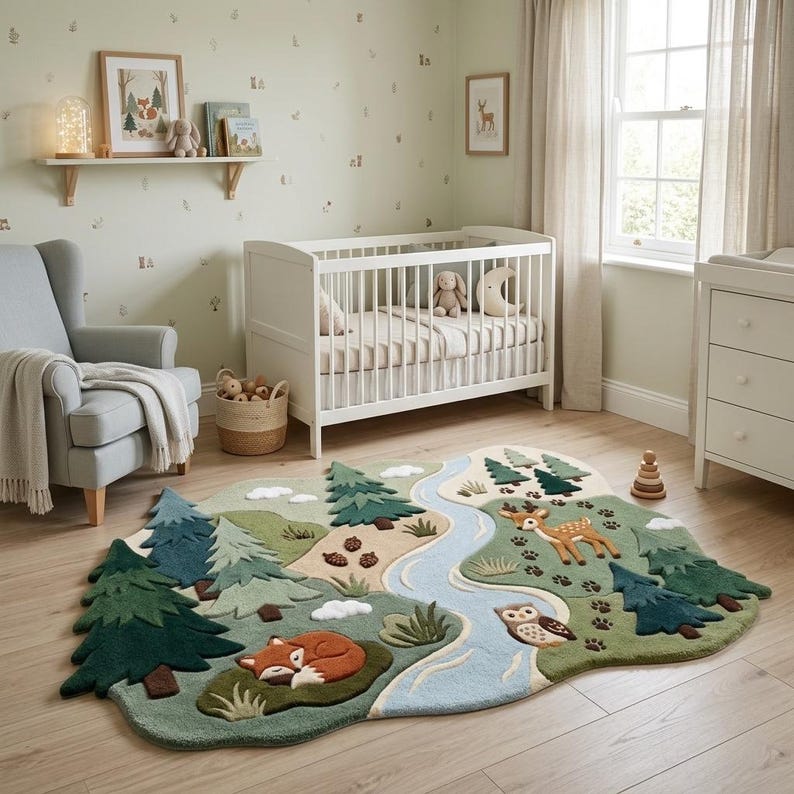 May include: A large, irregularly shaped area rug featuring a forest landscape with a winding blue river, green pine trees, a sleeping orange fox, a brown deer, and an owl. The rug has a textured, tufted surface with various shades of green and brown.