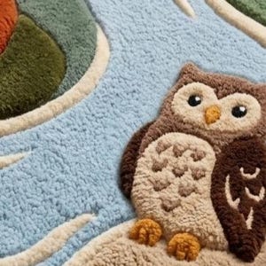 May include: A tufted rug featuring a textured landscape design with a brown owl sitting on a tan patch of ground. The rug includes a light blue winding river, green grassy areas, and a small white cloud, all rendered in a thick, plush pile.