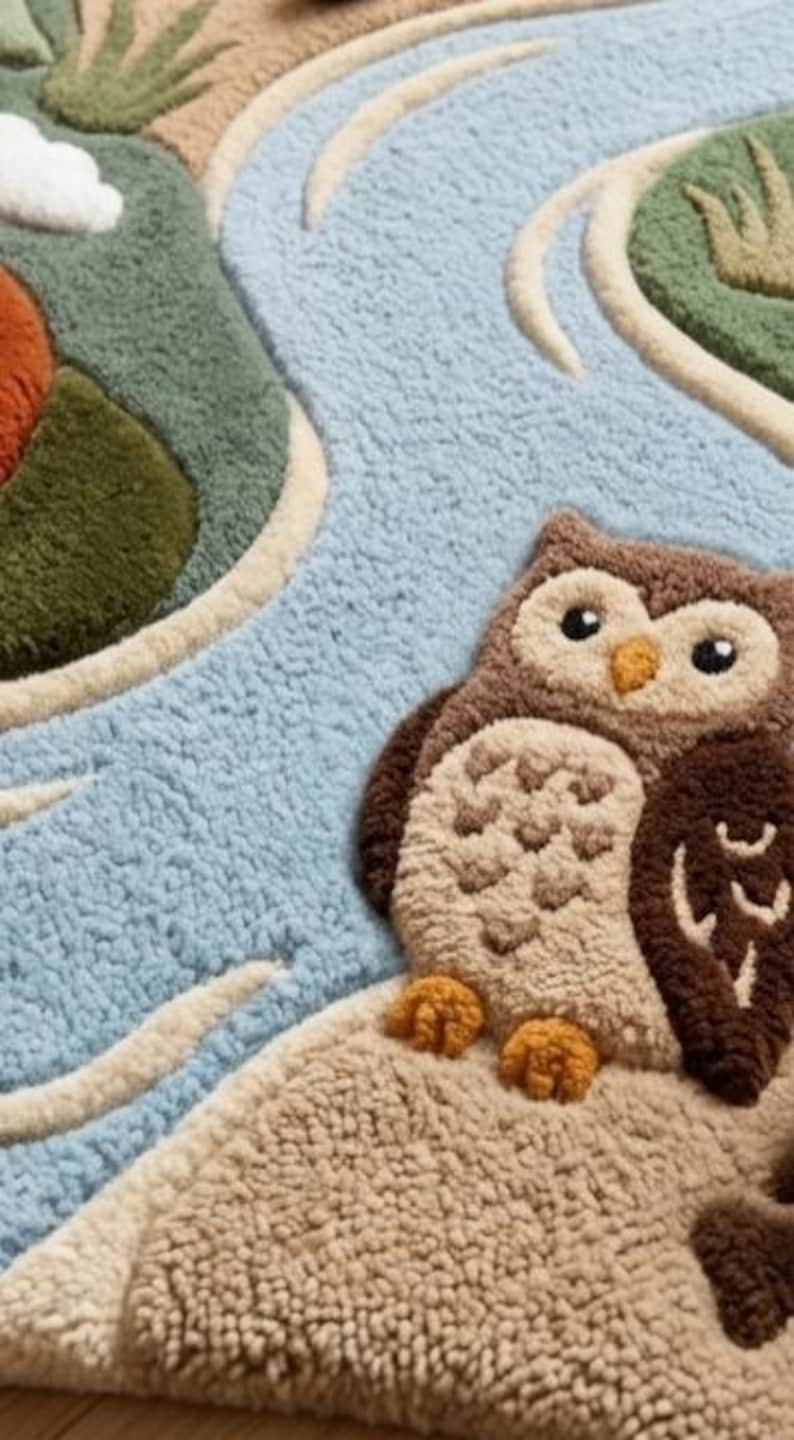 May include: A tufted rug featuring a textured landscape design with a brown owl sitting on a tan patch of ground. The rug includes a light blue winding river, green grassy areas, and a small white cloud, all rendered in a thick, plush pile.