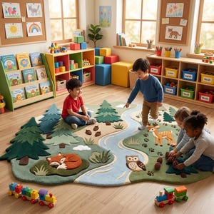 May include: A large, irregularly shaped area rug featuring a forest landscape with a winding blue river, green pine trees, a sleeping fox, a deer, and an owl. The rug is decorated with brown pinecones and animal paw prints on a soft, textured surface.