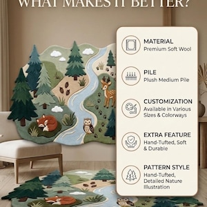 May include: A rug featuring a nature illustration with a winding blue river, green pine trees, a sleeping fox, an owl, and a deer. Text reads: WHAT MAKES IT BETTER? MATERIAL Premium Soft Wool, PILE Plush Medium Pile, CUSTOMIZATION Available in Various Sizes & Colorways, EXTRA FEATURE Hand-Tufted, Soft & Durable, PATTERN STYLE Hand-Tufted, Detailed Nature Illustration.