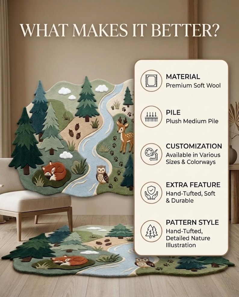 May include: A rug featuring a nature illustration with a winding blue river, green pine trees, a sleeping fox, an owl, and a deer. Text reads: WHAT MAKES IT BETTER? MATERIAL Premium Soft Wool, PILE Plush Medium Pile, CUSTOMIZATION Available in Various Sizes & Colorways, EXTRA FEATURE Hand-Tufted, Soft & Durable, PATTERN STYLE Hand-Tufted, Detailed Nature Illustration.