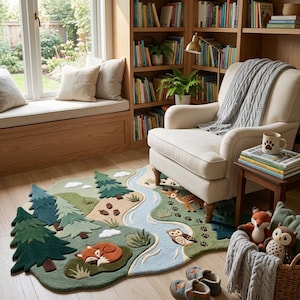 May include: A shaped area rug featuring a forest landscape with green pine trees, a winding light blue river, a sleeping orange fox, a brown deer, and an owl. The rug has a textured surface with various shades of green, tan, and blue, depicting a natural woodland scene with small white clouds and brown pinecones.