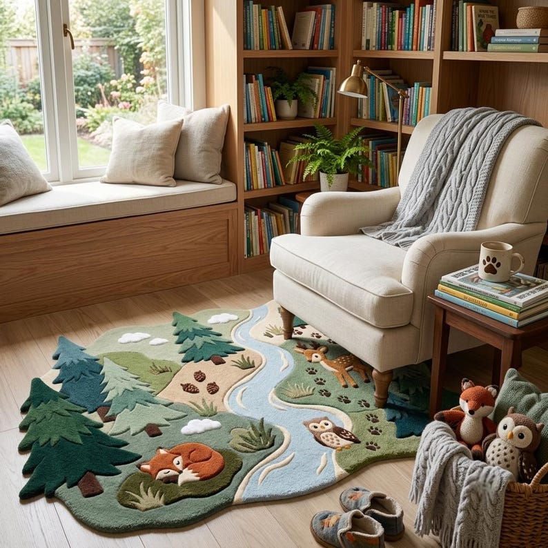 May include: A shaped area rug featuring a forest landscape with green pine trees, a winding light blue river, a sleeping orange fox, a brown deer, and an owl. The rug has a textured surface with various shades of green, tan, and blue, depicting a natural woodland scene with small white clouds and brown pinecones.