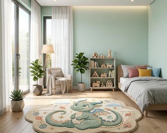 Dragon Nursery Rug, Pastel Fantasy Kids Room Carpet, Storybook Playroom Mat