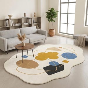 Hand Tufted Wool Rug, Irregular Shaped Abstract Area Rug, Large Mid Century Modern Aesthetic Rug for Living Room, Unique Odd Shape Rug Decor