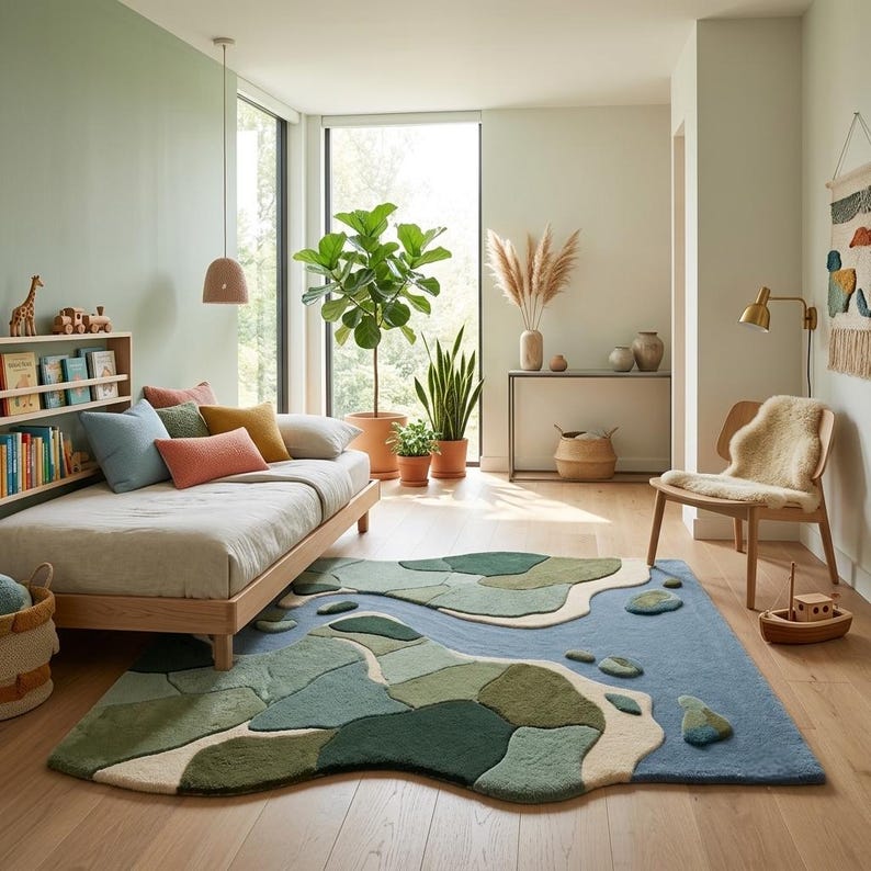 May include: A rectangular area rug featuring an abstract landscape design with organic, flowing shapes in shades of blue, sage green, forest green, and cream. The rug has a textured, tufted surface and irregular, wavy edges that mimic a river.