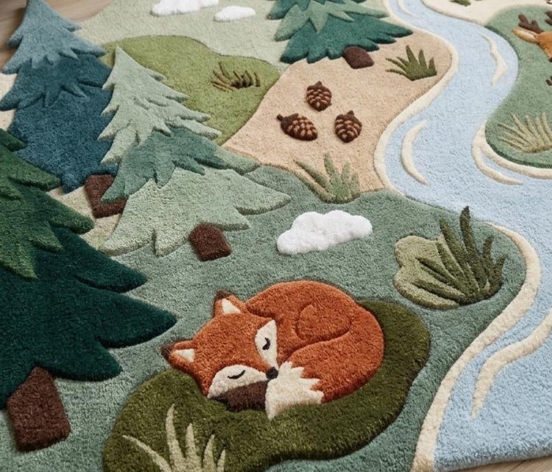 May include: A tufted area rug featuring a forest landscape with a sleeping orange fox, evergreen trees in shades of dark and light green, brown pinecones, white clouds, and a winding light blue river. The design includes textured grassy patches.