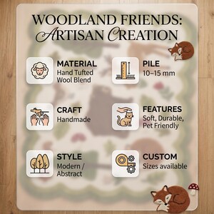 Op de afbeelding: Een informatieve afbeelding met de titel WOODLAND FRIENDS: ARTISAN CREATION. Het toont specificaties voor een handgetuft wollen vloerkleed, inclusief een poolhoogte van 10-15 mm, handgemaakt vakmanschap en diervriendelijke eigenschappen.