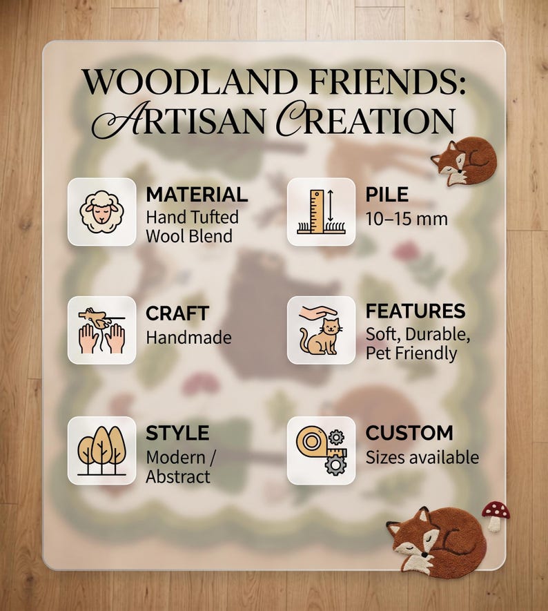 Op de afbeelding: Een informatieve afbeelding met de titel WOODLAND FRIENDS: ARTISAN CREATION. Het toont specificaties voor een handgetuft wollen vloerkleed, inclusief een poolhoogte van 10-15 mm, handgemaakt vakmanschap en diervriendelijke eigenschappen.