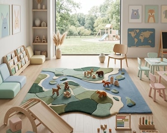 Woodland Rug Green Hand Tufted Wool Leaf Pattern Rug Kids Room Customizable Rug