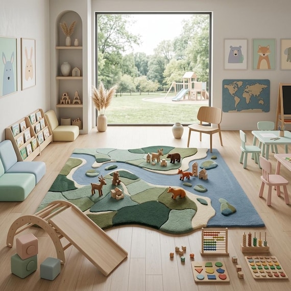 Woodland Rug Green Hand Tufted Wool Leaf Pattern Rug Kids Room Customizable Rug