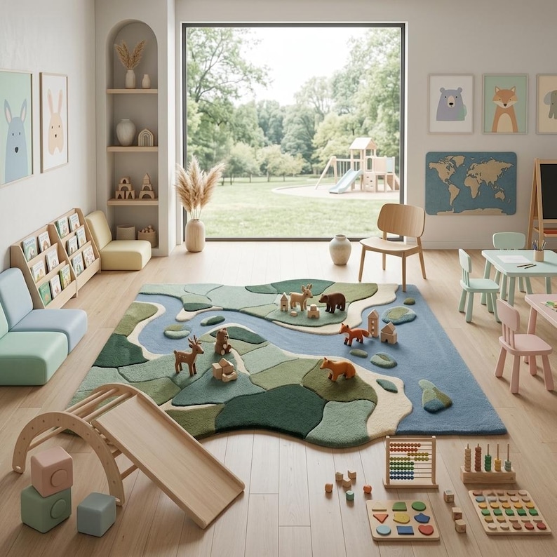 May include: A large rectangular area rug featuring a textured landscape design with shades of green, blue, and beige, depicting a winding river through hills. Small wooden animal figurines are placed on the rug surface in a playroom setting.