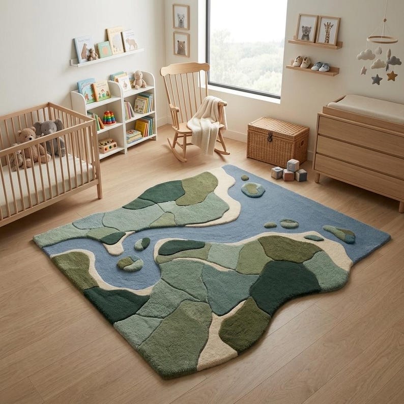 May include: A large area rug featuring an abstract landscape design with irregular patches of sage, forest, and olive green, separated by winding light blue river-like sections and cream-colored land borders, creating a textured, multi-layered map effect.