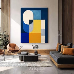 Obra abstracta vertical original extragrande sobre lienzo / Obra de arte contemporánea en azul marfil intenso y ámbar profundo / Formas rectangulares geométricas