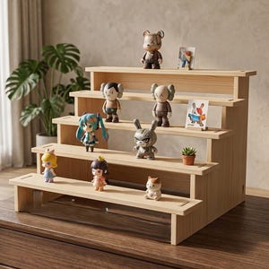 May include: A multi-tiered, light-colored wooden display shelf holding various figurines and small potted plants. The shelf is on a dark wood surface, with a green plant in the background.