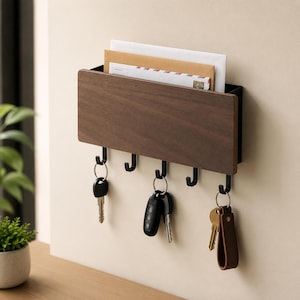 May include: A wall-mounted organiser featuring a dark brown wood front panel and a black metal frame. The unit includes a top slot holding two envelopes and five black metal hooks along the bottom, with three sets of keys hanging from the hooks.