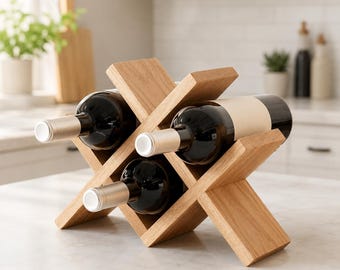 Wood Wine Rack Countertop | Solid Oak 4 Bottle Holder | Rustic Freestanding Wine Storage | Kitchen Bar Organizer | Home Bar Decor