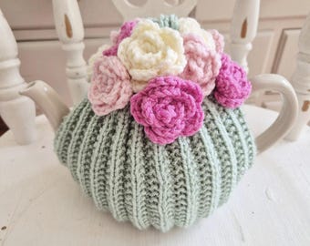 Handmade Vintage Shabby Chic Sage Green Knitted Tea Cosy With Crochet Flowers