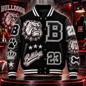 Bulldogs Varsity Jacket Black Leather Sleeve Letterman Jacket Custom Embroidered Patch College Team Bomber Jacket