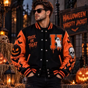 Halloween Varsity Jacket Black Orange Leather Sleeve Jacket Embroidered Pumpkin Ghost Skull Bomber Jacket