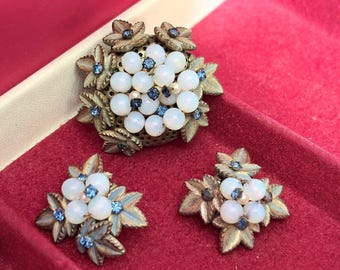Vintage Faux Opal and Sapphire Brooch Earrings Set – Bronze Tone Floral Costume Jewelry
