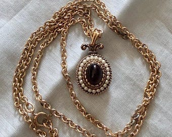 Vintage Avon Pendant Necklace - Bronze, Black Stone, Faux Pearl
