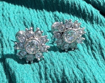 Vintage screw back Bogoff Rhinestone earrings - flower shaped