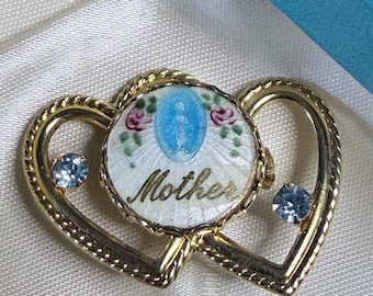 Vintage Gold-tone Miraculous Medal "Mother" Pin with Heart Shapes, flowers and Blue Rhinestones