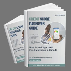 May include: Two books titled "Credit Score Makeover Guide" are displayed. The cover of the book features the title in green and a smartphone displaying a credit score. The book also includes information on late payments, errors, and bankruptcy.