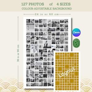 May include: A digital collage template featuring 127 photo slots with a color-adjustable background. The layout measures 24 inches by 36 inches. It includes a grid preview with the text Layout and a Canva logo. The design displays various black and white family photos.