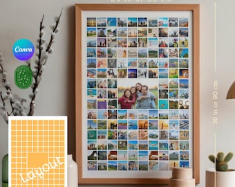 Könnte beinhalten: Eine bearbeitbare Fotocollagen-Vorlage mit über 140 Rasterfeldern für Bilder und einem größeren zentralen Rahmen. Das Design enthält Text mit den Maßen 60 cm mal 90 cm. Das Layout wird in einem hellen Holzrahmen präsentiert.